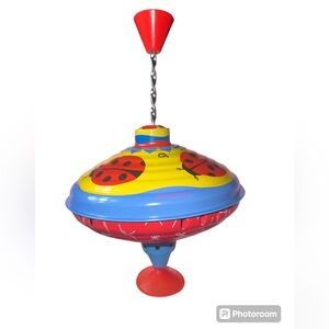 Vintage LBZ Spinning Top Toy Tin Metal W Germany Lady Bug Decor Red Plastic Ends